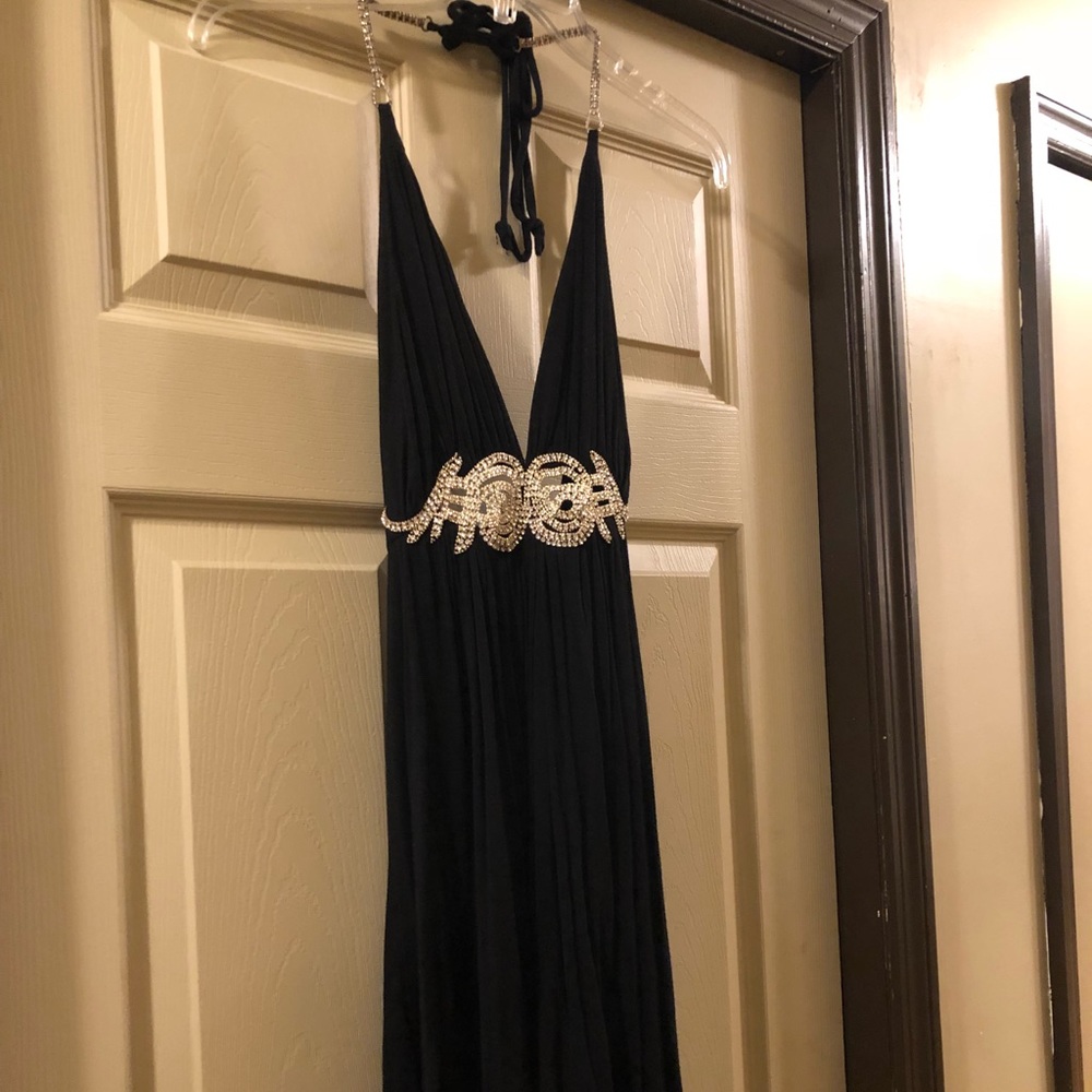 Black halter dress with rhinestones